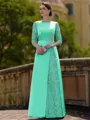 Stylish Sheath Scoop 3/4 Sleeves Appliques Lace Floor-Length Satin Mother of the Bride Dress