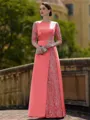 Stylish Sheath Scoop 3/4 Sleeves Appliques Lace Floor-Length Satin Mother of the Bride Dress