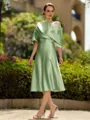 Fashion A-Line/Princess Charmeuse Ruched Off-the-Shoulder 1/2 Sleeves Tea-Length Mother of the Bride Dress