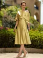 Fashion A-Line/Princess Charmeuse Ruched Off-the-Shoulder 1/2 Sleeves Tea-Length Mother of the Bride Dress