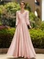 Trendy A-Line/Princess Silk like Satin Ruched V-Neck 3/4 Sleeves Ankle-Length Mother of the Bride Dress