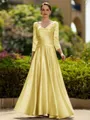 Trendy A-Line/Princess Silk like Satin Ruched V-Neck 3/4 Sleeves Ankle-Length Mother of the Bride Dress