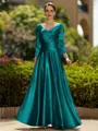 Trendy A-Line/Princess Silk like Satin Ruched V-Neck 3/4 Sleeves Ankle-Length Mother of the Bride Dress