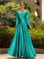 Trendy A-Line/Princess Silk like Satin Ruched V-Neck 3/4 Sleeves Ankle-Length Mother of the Bride Dress