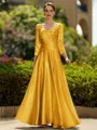 Trendy A-Line/Princess Silk like Satin Ruched V-Neck 3/4 Sleeves Ankle-Length Mother of the Bride Dress