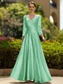 Trendy A-Line/Princess Silk like Satin Ruched V-Neck 3/4 Sleeves Ankle-Length Mother of the Bride Dress