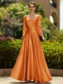 Trendy A-Line/Princess Silk like Satin Ruched V-Neck 3/4 Sleeves Ankle-Length Mother of the Bride Dress