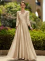 Trendy A-Line/Princess Silk like Satin Ruched V-Neck 3/4 Sleeves Ankle-Length Mother of the Bride Dress