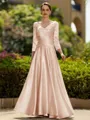 Trendy A-Line/Princess Silk like Satin Ruched V-Neck 3/4 Sleeves Ankle-Length Mother of the Bride Dress