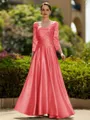 Trendy A-Line/Princess Silk like Satin Ruched V-Neck 3/4 Sleeves Ankle-Length Mother of the Bride Dress
