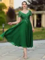 Impeccable A-line V-Neck Short Sleeves Appliques Lace Tea-Length Chiffon Mother of the Bride Dress