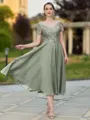 Impeccable A-line V-Neck Short Sleeves Appliques Lace Tea-Length Chiffon Mother of the Bride Dress