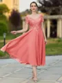 Impeccable A-line V-Neck Short Sleeves Appliques Lace Tea-Length Chiffon Mother of the Bride Dress