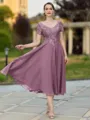Impeccable A-line V-Neck Short Sleeves Appliques Lace Tea-Length Chiffon Mother of the Bride Dress