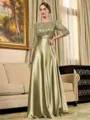 Rhythmic A-line Scoop 3/4 Sleeves Appliques Lace Floor-Length Silk Like Satin Mother of the Bride Dress
