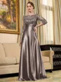 Rhythmic A-line Scoop 3/4 Sleeves Appliques Lace Floor-Length Silk Like Satin Mother of the Bride Dress