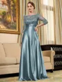 Rhythmic A-line Scoop 3/4 Sleeves Appliques Lace Floor-Length Silk Like Satin Mother of the Bride Dress
