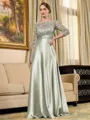 Rhythmic A-line Scoop 3/4 Sleeves Appliques Lace Floor-Length Silk Like Satin Mother of the Bride Dress