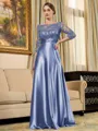 Rhythmic A-line Scoop 3/4 Sleeves Appliques Lace Floor-Length Silk Like Satin Mother of the Bride Dress