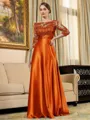 Rhythmic A-line Scoop 3/4 Sleeves Appliques Lace Floor-Length Silk Like Satin Mother of the Bride Dress