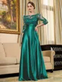 Rhythmic A-line Scoop 3/4 Sleeves Appliques Lace Floor-Length Silk Like Satin Mother of the Bride Dress