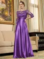 Rhythmic A-line Scoop 3/4 Sleeves Appliques Lace Floor-Length Silk Like Satin Mother of the Bride Dress
