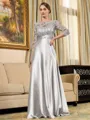 Rhythmic A-line Scoop 3/4 Sleeves Appliques Lace Floor-Length Silk Like Satin Mother of the Bride Dress