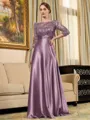 Rhythmic A-line Scoop 3/4 Sleeves Appliques Lace Floor-Length Silk Like Satin Mother of the Bride Dress
