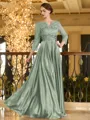 Charming A-line V-Neck 3/4 Sleeves Appliques Lace Floor-Length Silk like Satin Mother of the Bride Dress