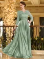 Charming A-line V-Neck 3/4 Sleeves Appliques Lace Floor-Length Silk like Satin Mother of the Bride Dress