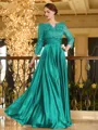 Charming A-line V-Neck 3/4 Sleeves Appliques Lace Floor-Length Silk like Satin Mother of the Bride Dress