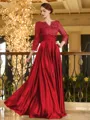 Charming A-line V-Neck 3/4 Sleeves Appliques Lace Floor-Length Silk like Satin Mother of the Bride Dress