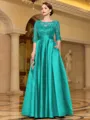 Sophisticated A-line Scoop 3/4 Sleeves Appliques Lace Floor-Length Satin Mother of the Bride Dress