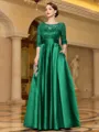 Sophisticated A-line Scoop 3/4 Sleeves Appliques Lace Floor-Length Satin Mother of the Bride Dress