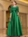 Sophisticated A-line Scoop 3/4 Sleeves Appliques Lace Floor-Length Satin Mother of the Bride Dress