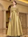 Sophisticated A-line Scoop 3/4 Sleeves Appliques Lace Floor-Length Satin Mother of the Bride Dress