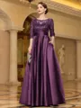 Sophisticated A-line Scoop 3/4 Sleeves Appliques Lace Floor-Length Satin Mother of the Bride Dress