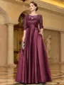 Sophisticated A-line Scoop 3/4 Sleeves Appliques Lace Floor-Length Satin Mother of the Bride Dress