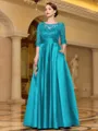Sophisticated A-line Scoop 3/4 Sleeves Appliques Lace Floor-Length Satin Mother of the Bride Dress