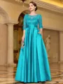 Sophisticated A-line Scoop 3/4 Sleeves Appliques Lace Floor-Length Satin Mother of the Bride Dress