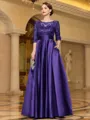 Sophisticated A-line Scoop 3/4 Sleeves Appliques Lace Floor-Length Satin Mother of the Bride Dress