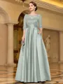 Sophisticated A-line Scoop 3/4 Sleeves Appliques Lace Floor-Length Satin Mother of the Bride Dress