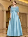 Sophisticated A-line Scoop 3/4 Sleeves Appliques Lace Floor-Length Satin Mother of the Bride Dress
