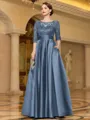Sophisticated A-line Scoop 3/4 Sleeves Appliques Lace Floor-Length Satin Mother of the Bride Dress