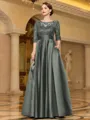 Sophisticated A-line Scoop 3/4 Sleeves Appliques Lace Floor-Length Satin Mother of the Bride Dress