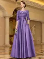 Sophisticated A-line Scoop 3/4 Sleeves Appliques Lace Floor-Length Satin Mother of the Bride Dress