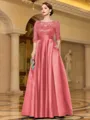 Sophisticated A-line Scoop 3/4 Sleeves Appliques Lace Floor-Length Satin Mother of the Bride Dress