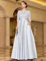 Sophisticated A-line Scoop 3/4 Sleeves Appliques Lace Floor-Length Satin Mother of the Bride Dress