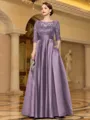 Sophisticated A-line Scoop 3/4 Sleeves Appliques Lace Floor-Length Satin Mother of the Bride Dress
