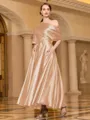 Radiant A-line Short Sleeves Pleated Ankle-Length Silk like Satin Mother of the Bride Dress